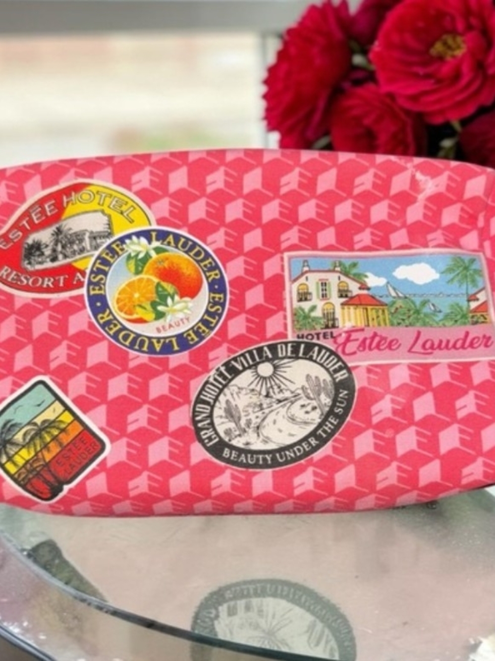 Estée Lauder Pink Travel Cosmetic Pouch with Vintage Sticker Motif